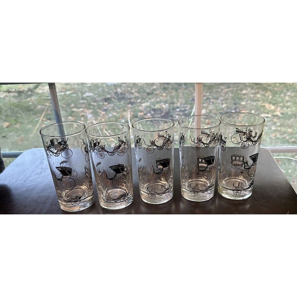 Vintage Libbey Curio Drinking Glasses Horse Carriage Buggy 5.5"  Set of 5